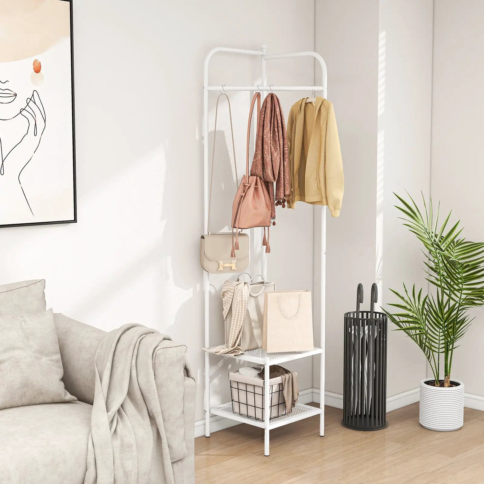 Corner Coat Rack with Top Hanger and 2 Mesh Shelves for Entryway Hallway Living Room Bedroom by DirectDeals