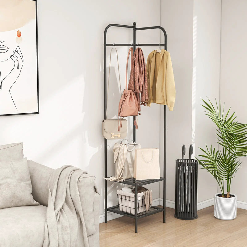 Corner Coat Rack with Top Hanger and 2 Mesh Shelves for Entryway Hallway Living Room Bedroom by DirectDeals