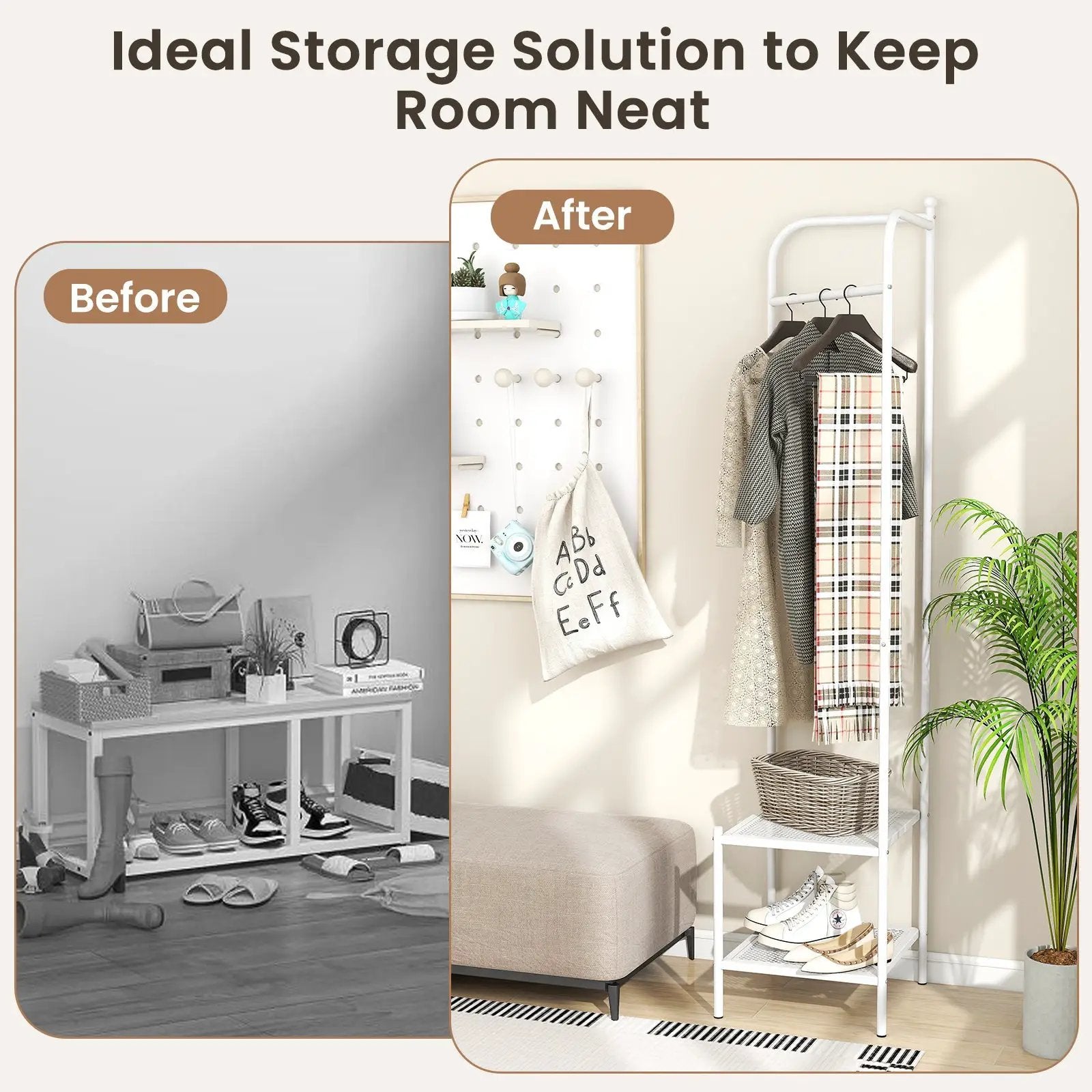Corner Coat Rack with Top Hanger and 2 Mesh Shelves for Entryway Hallway Living Room Bedroom by DirectDeals