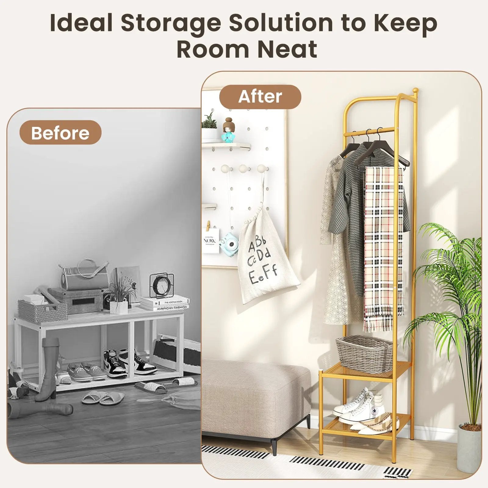 Corner Coat Rack with Top Hanger and 2 Mesh Shelves for Entryway Hallway Living Room Bedroom by DirectDeals