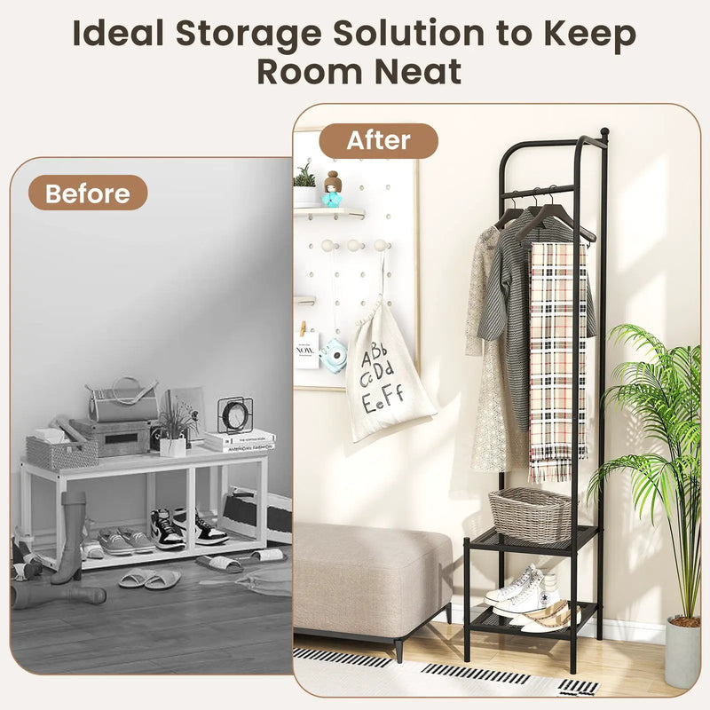 Corner Coat Rack with Top Hanger and 2 Mesh Shelves for Entryway Hallway Living Room Bedroom by DirectDeals