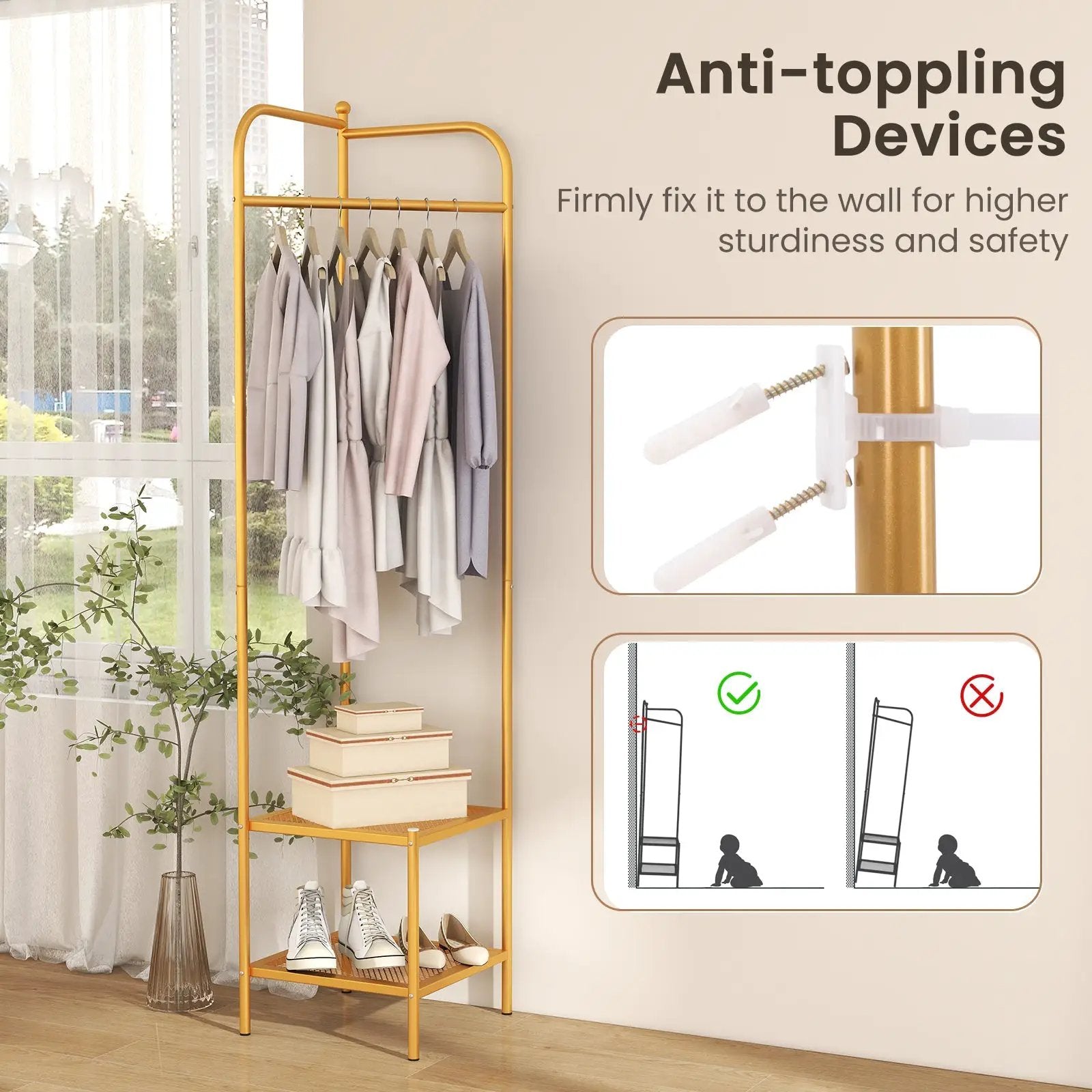 Corner Coat Rack with Top Hanger and 2 Mesh Shelves for Entryway Hallway Living Room Bedroom by DirectDeals