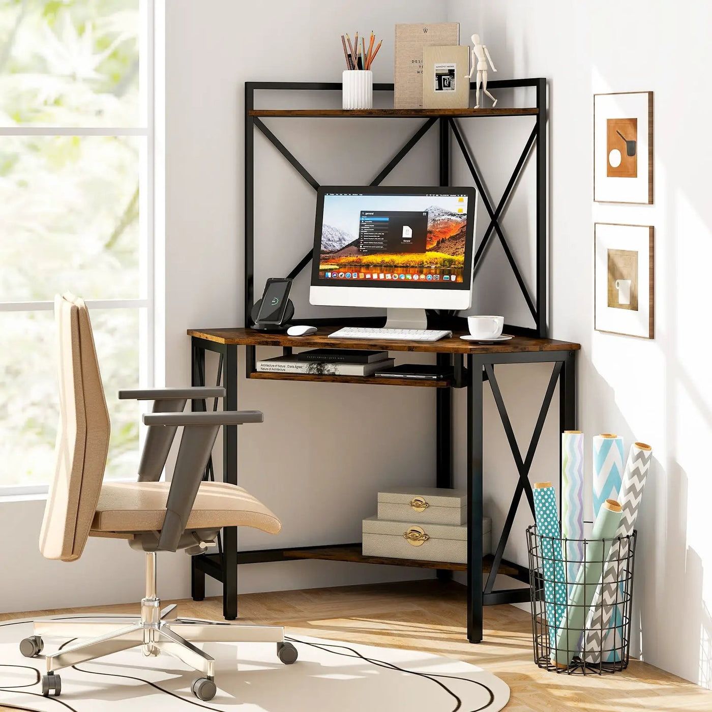 Space-Saving Corner Computer Desk with with Hutch and Keyboard Tray by DirectDeals