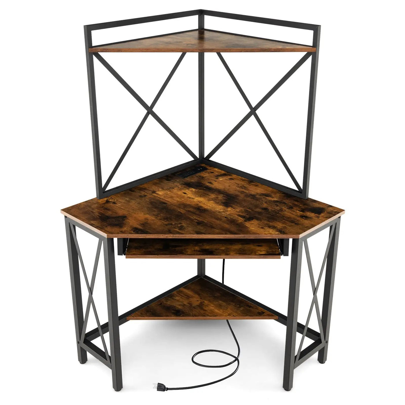 Space-Saving Corner Computer Desk with with Hutch and Keyboard Tray