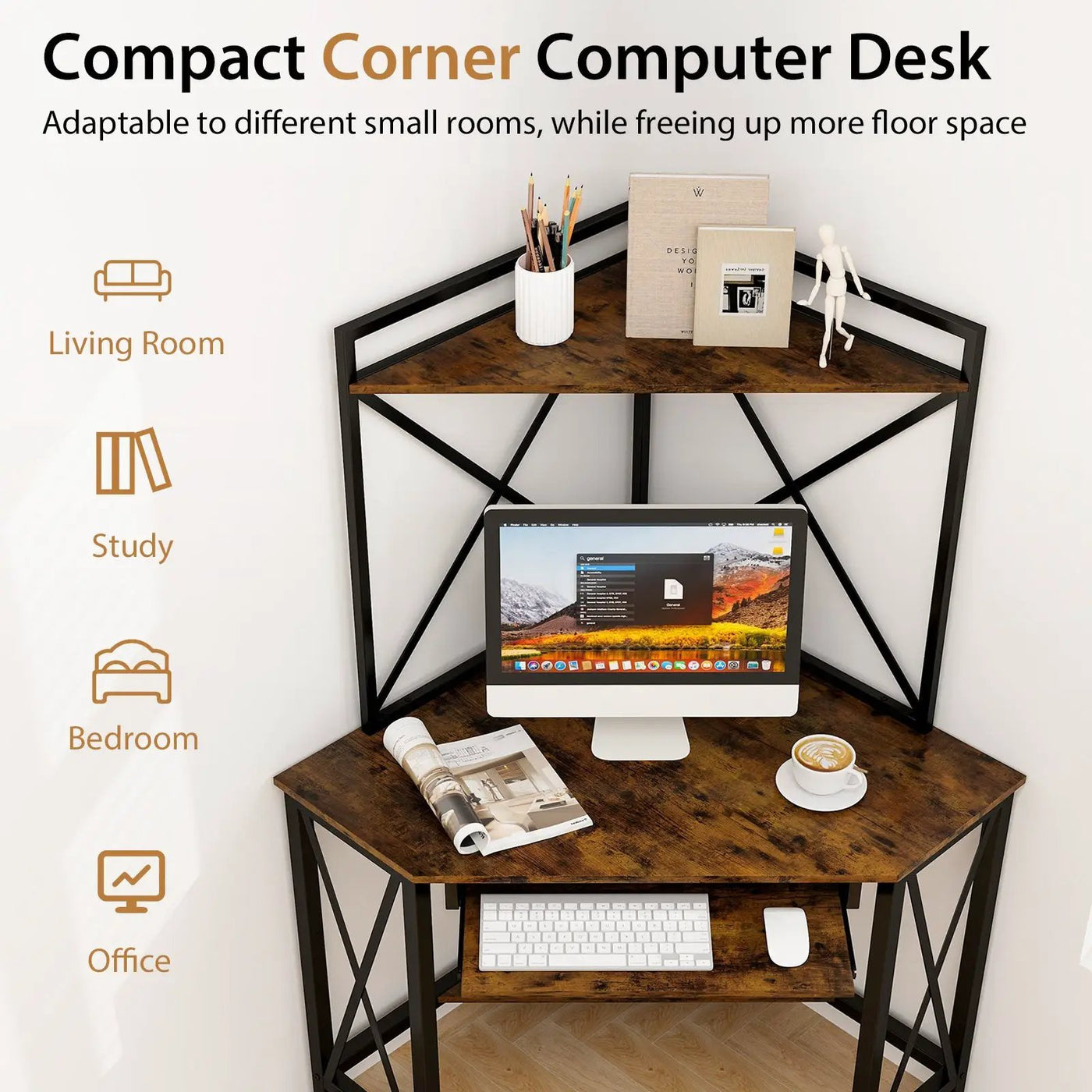 Space-Saving Corner Computer Desk with with Hutch and Keyboard Tray