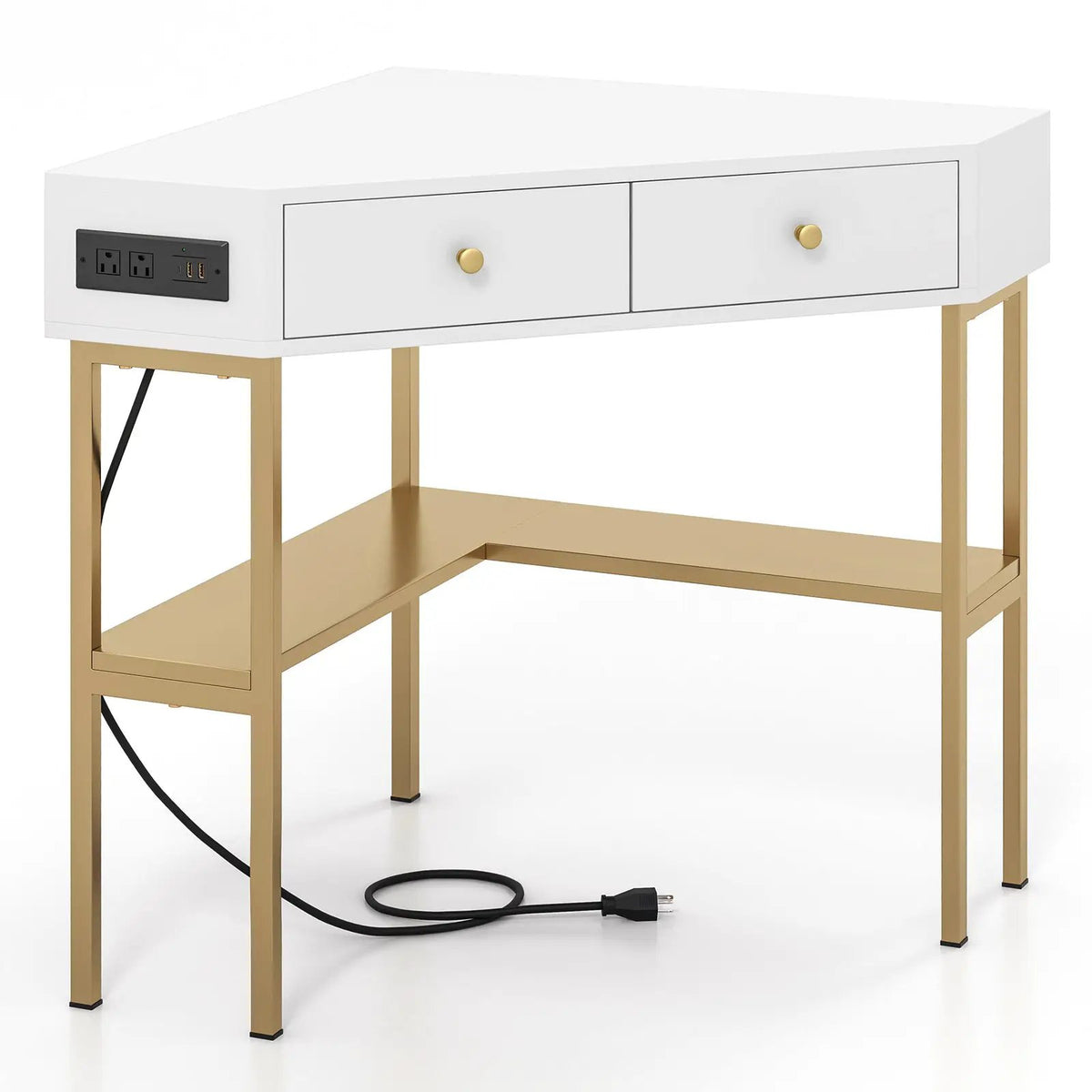 Triangle Corner Desk with Charging Station with 2 Drawers and Storage Shelf by DirectDeals