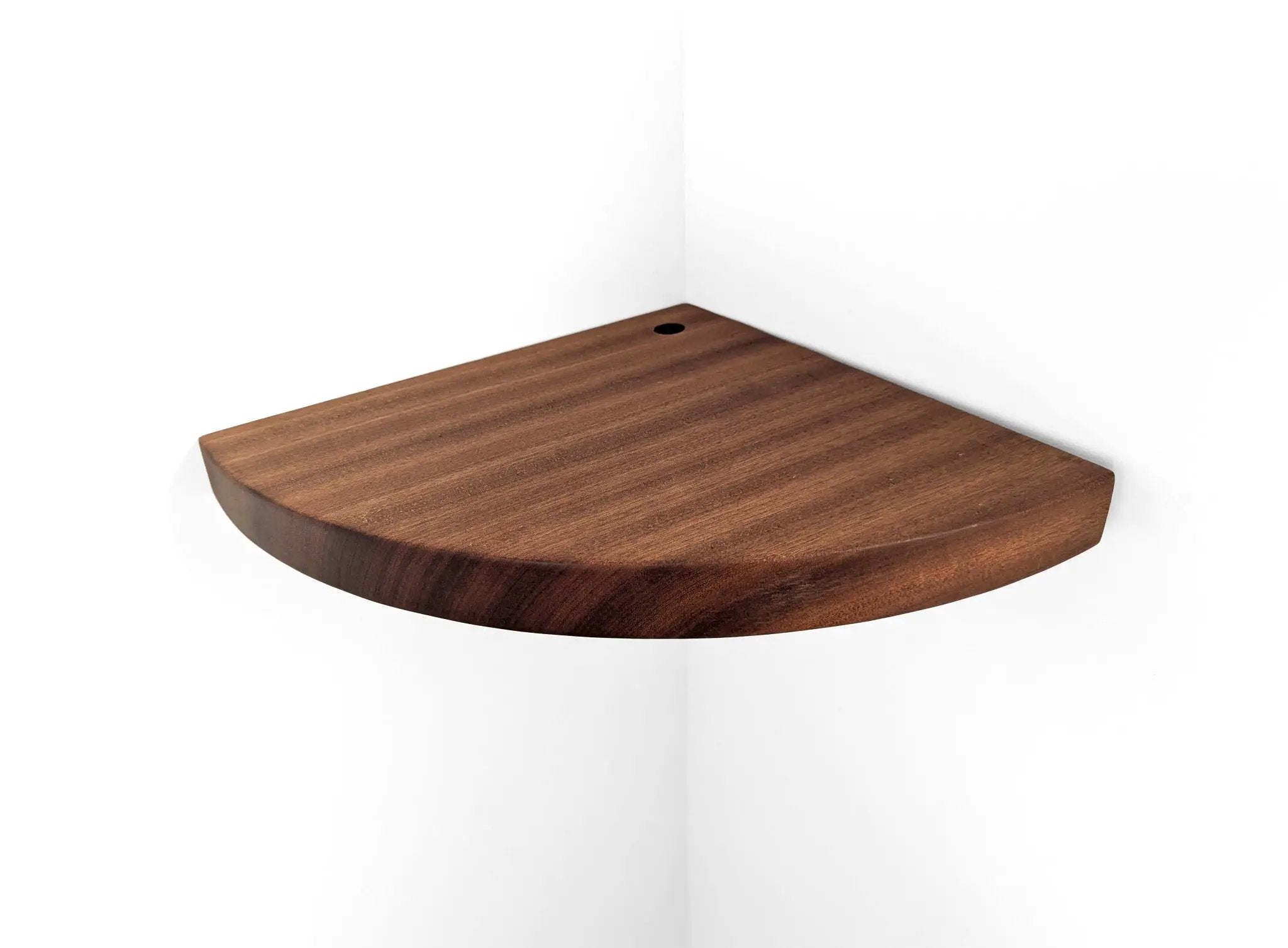 Floating Corner Shelf with Cord Hole in Mahogany by NookWoodworking