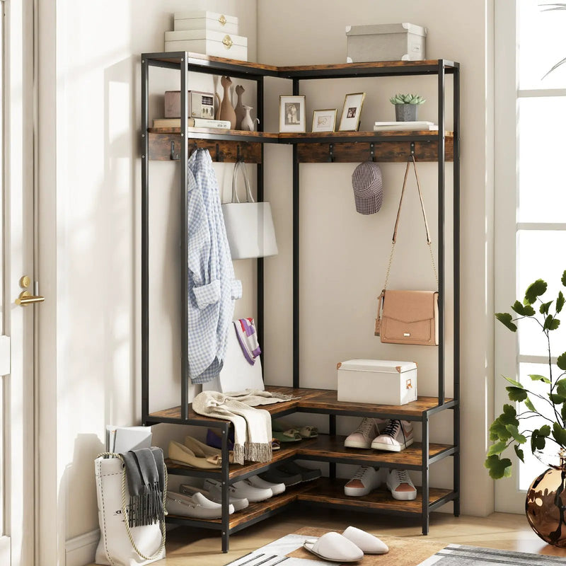 Corner Garment Rack with Open Shelves and 7 Hooks Shoe Bench by DirectDeals
