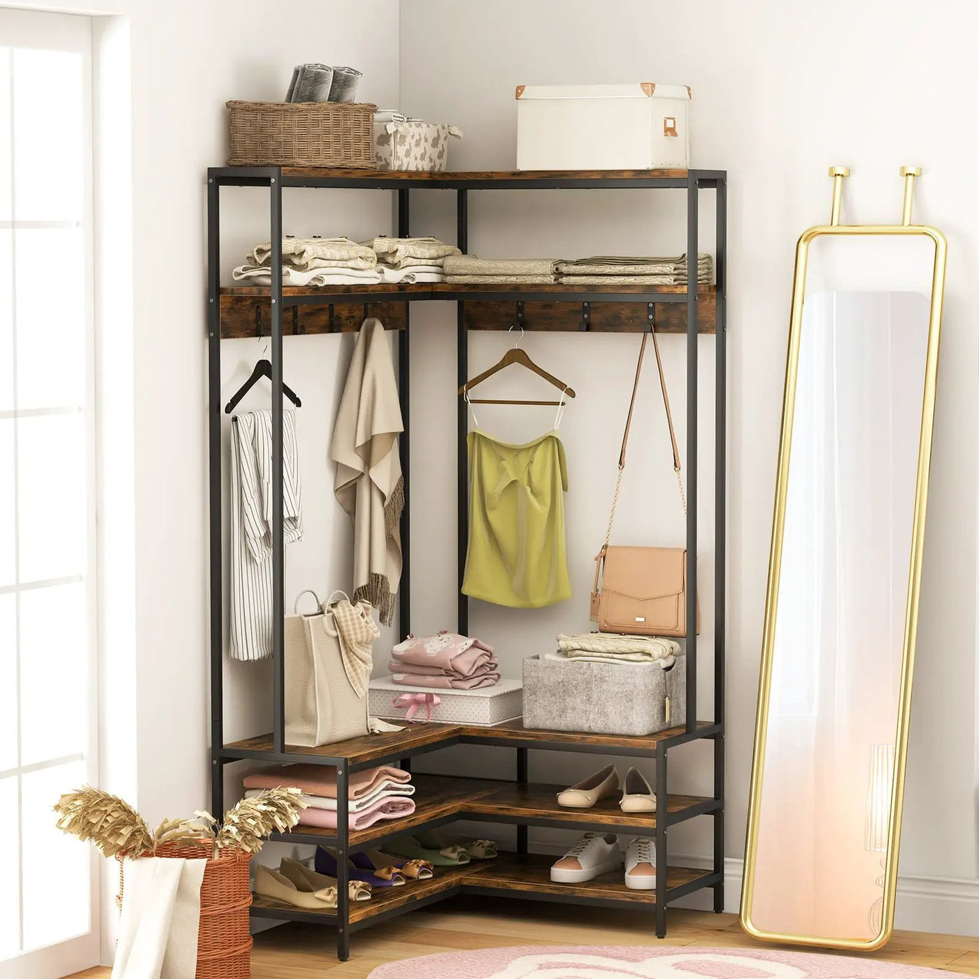 Corner Garment Rack with Open Shelves and 7 Hooks Shoe Bench by DirectDeals