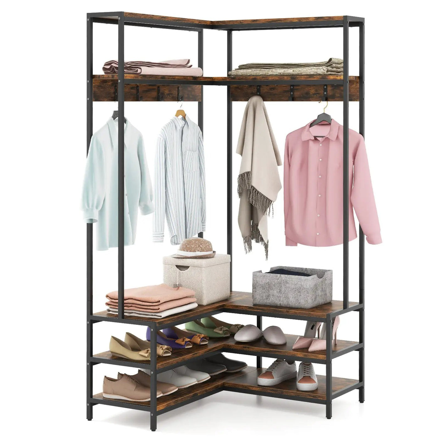 Corner Garment Rack with Open Shelves and 7 Hooks Shoe Bench by DirectDeals