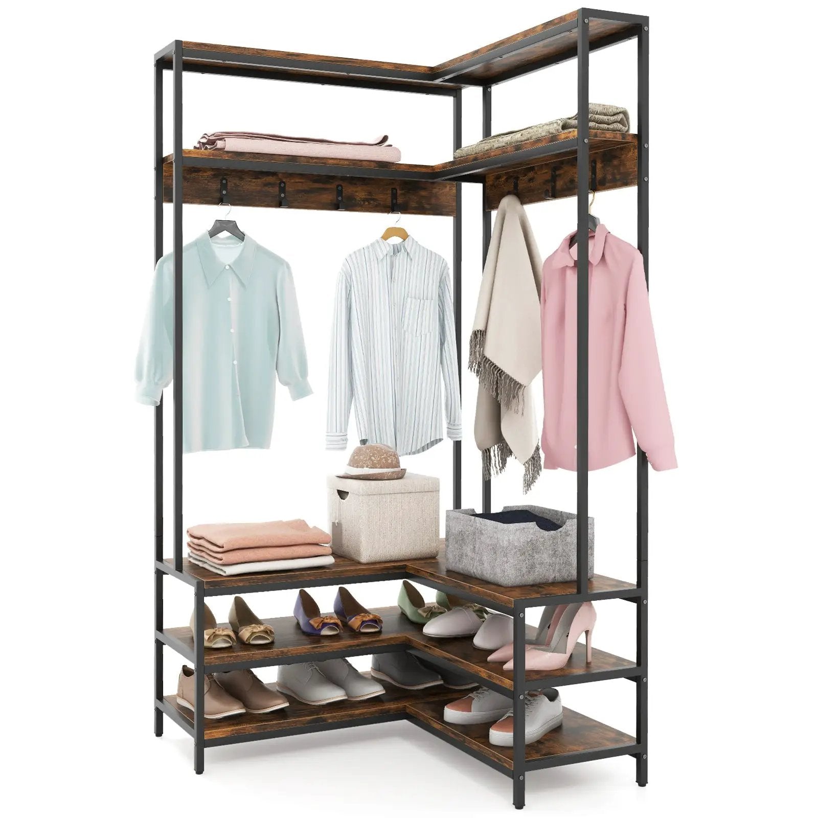 Corner Garment Rack with Open Shelves and 7 Hooks Shoe Bench by DirectDeals