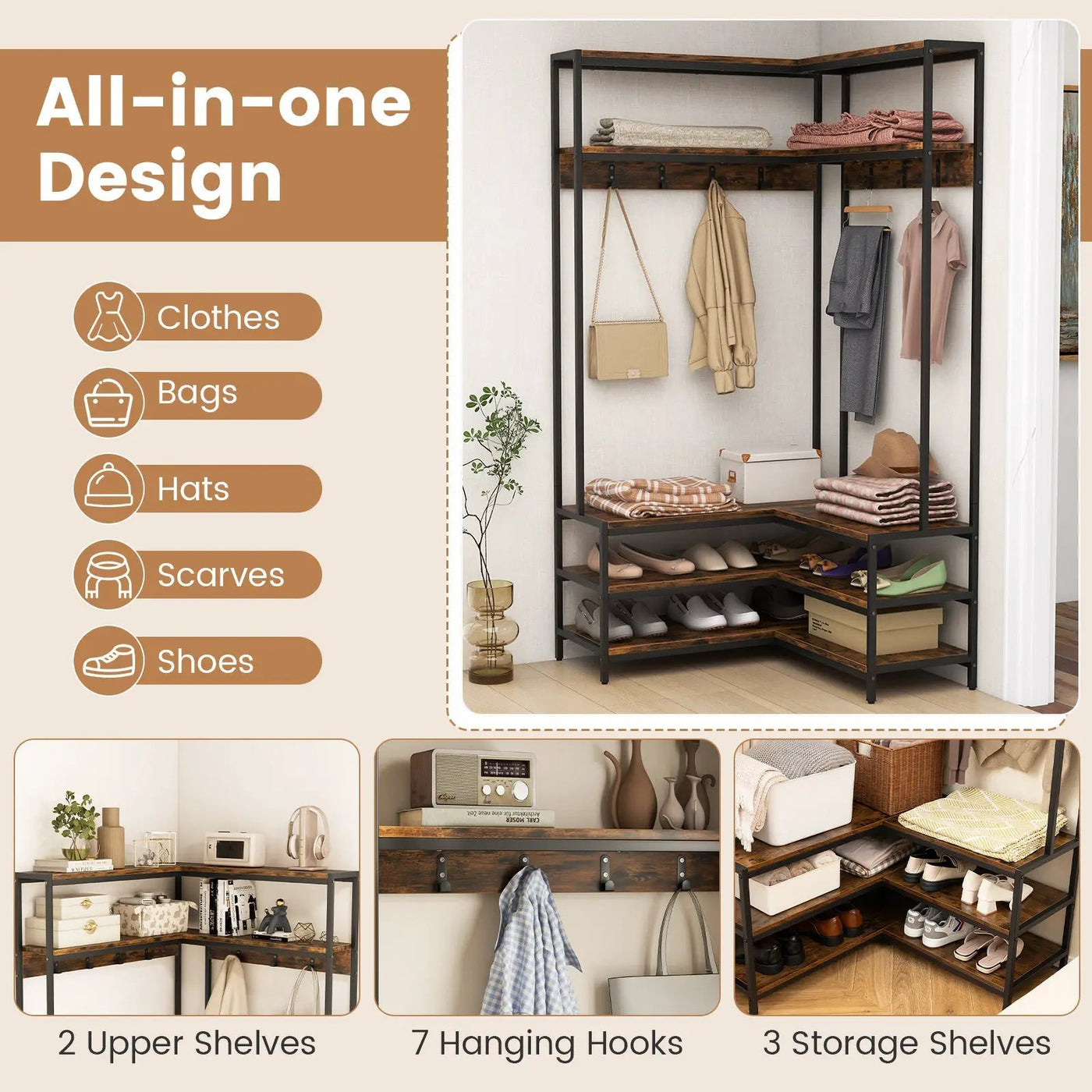 Corner Garment Rack with Open Shelves and 7 Hooks Shoe Bench by DirectDeals