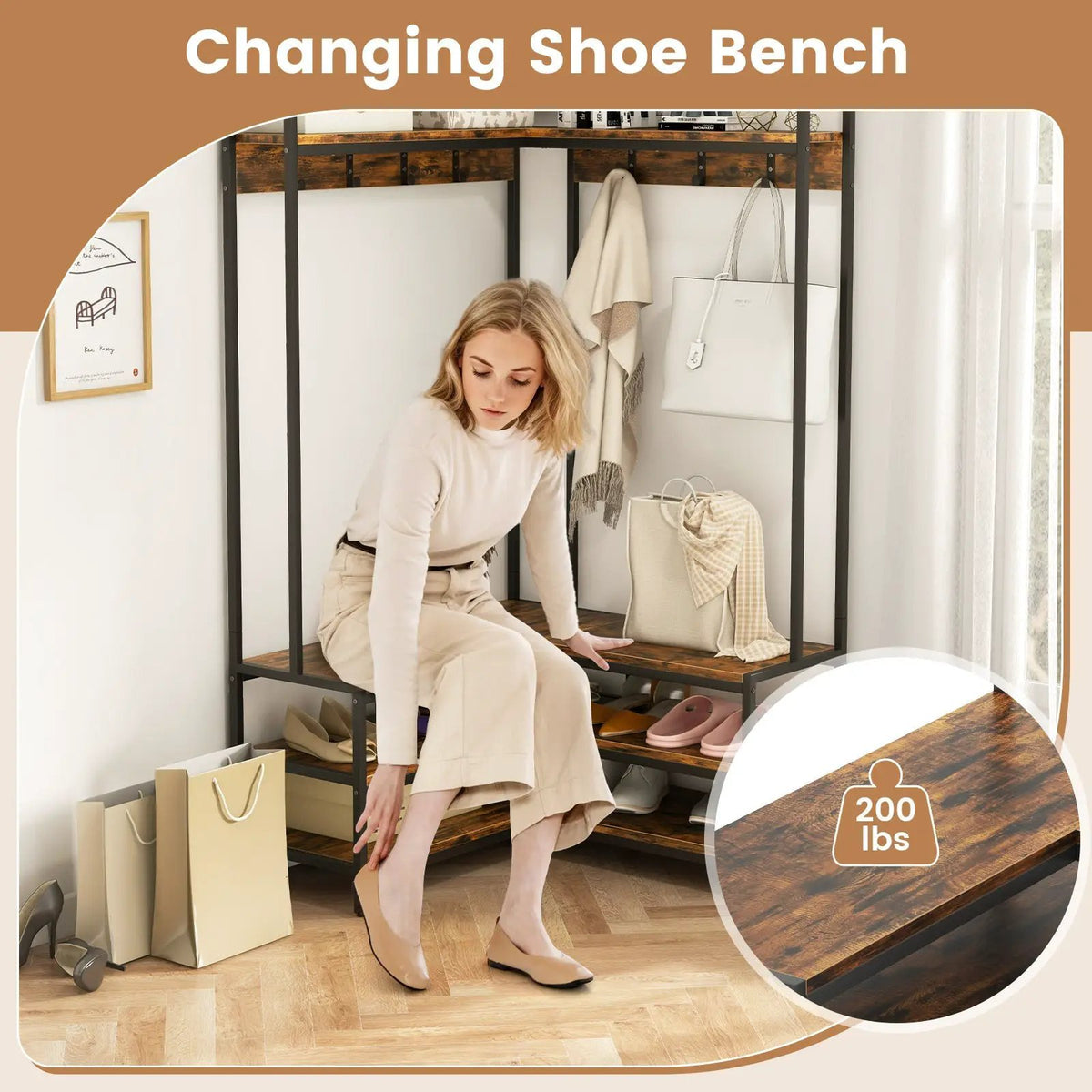 Corner Garment Rack with Open Shelves and 7 Hooks Shoe Bench by DirectDeals
