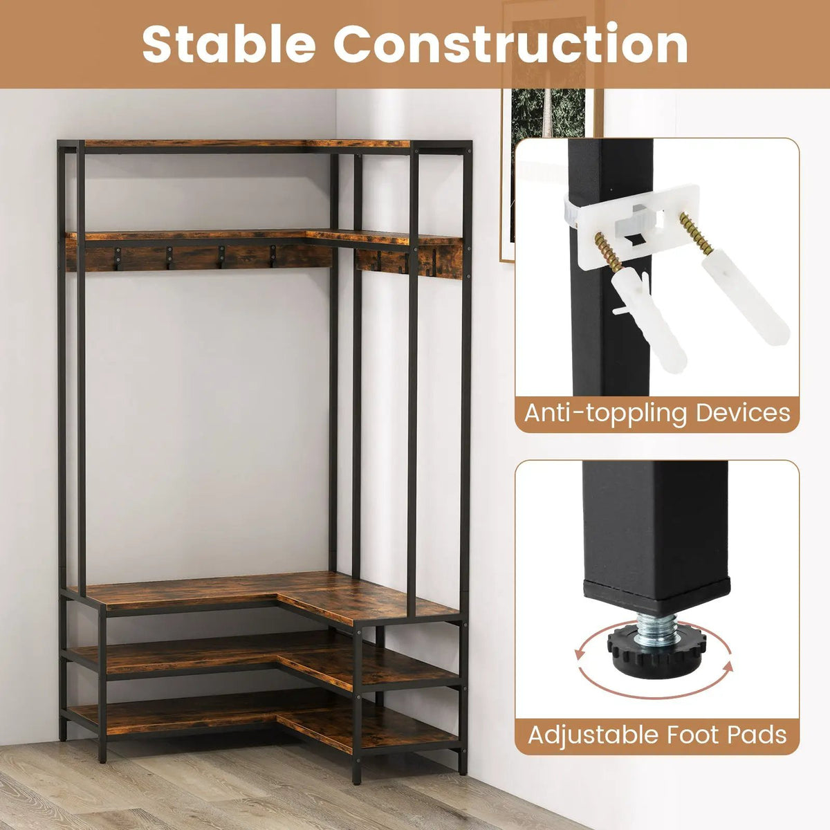Corner Garment Rack with Open Shelves and 7 Hooks Shoe Bench by DirectDeals
