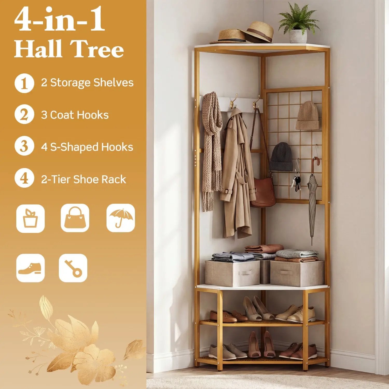 Corner Hall Tree Freestanding Coat Rack with Storage Shelves Removable Hooks by DirectDeals
