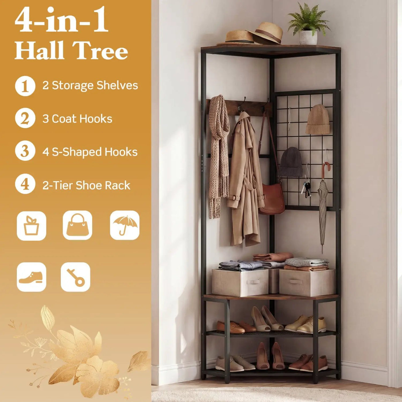 Corner Hall Tree Freestanding Coat Rack with Storage Shelves Removable Hooks by DirectDeals