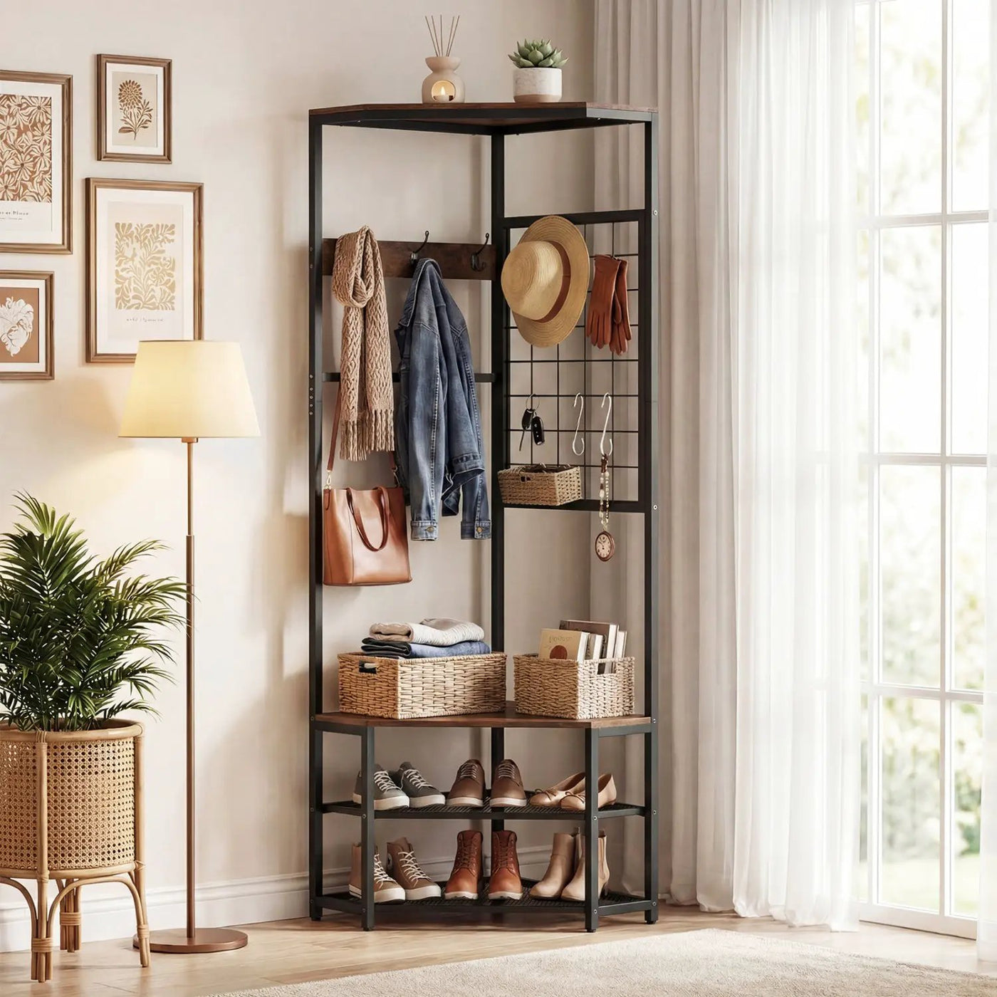 Corner Hall Tree Freestanding Coat Rack with Storage Shelves Removable Hooks by DirectDeals