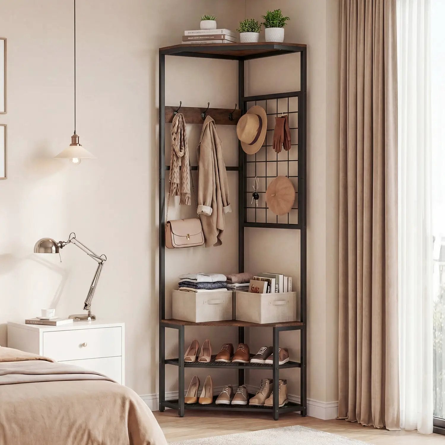 Corner Hall Tree Freestanding Coat Rack with Storage Shelves Removable Hooks by DirectDeals