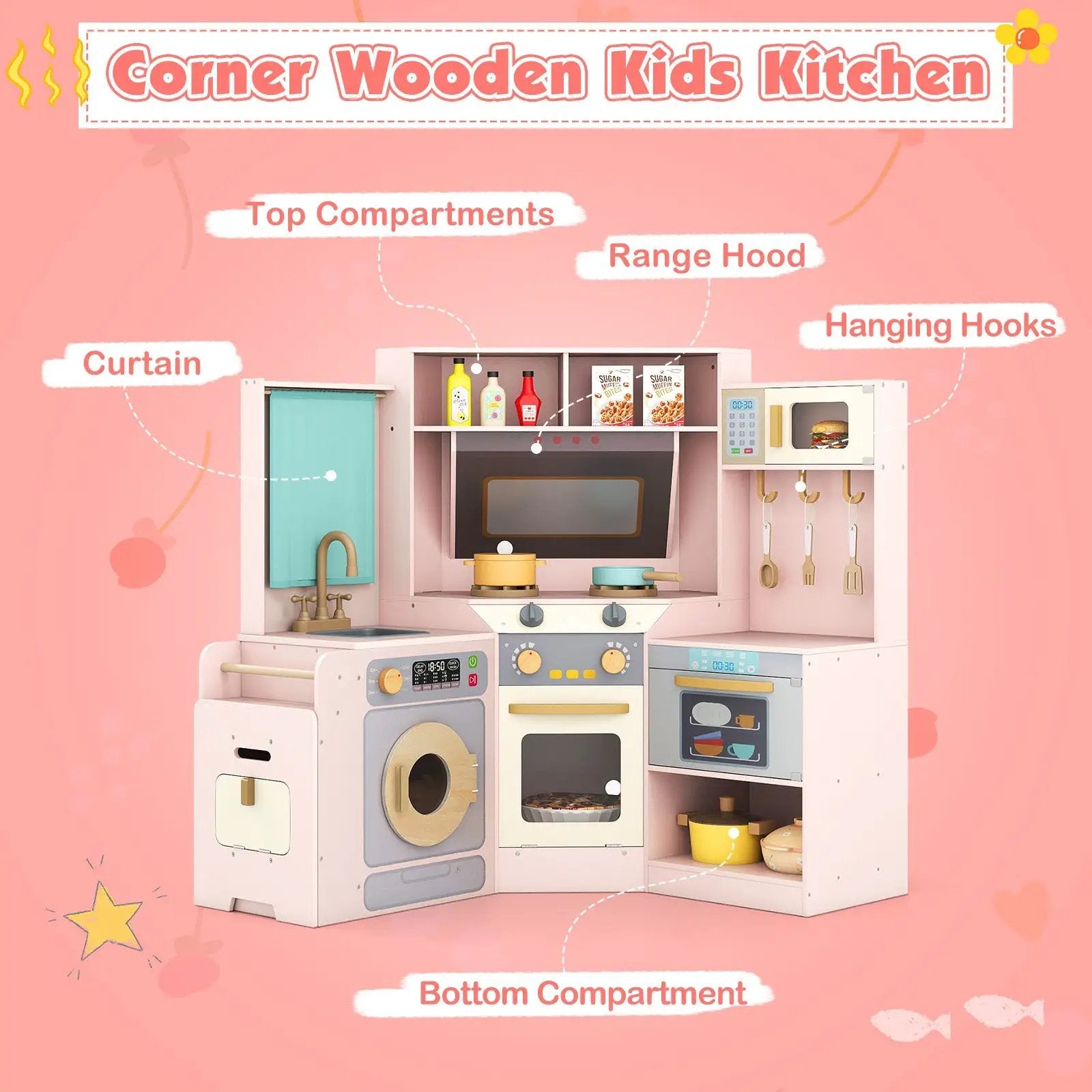 Corner Kitchen Toys with Lights and Sounds with Pull-out Trash Can and Stoves by DirectDeals