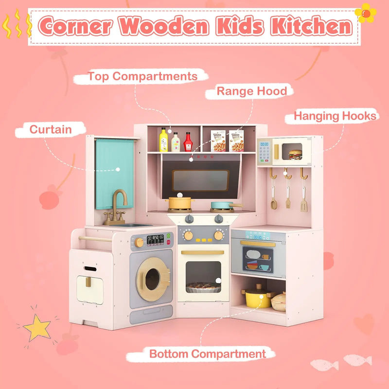 Corner Kitchen Toys with Lights and Sounds with Pull-out Trash Can and Stoves by DirectDeals