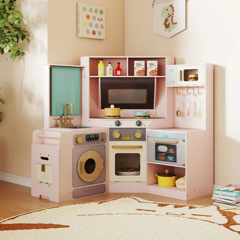 Corner Kitchen Toys with Lights and Sounds with Pull-out Trash Can and Stoves by DirectDeals