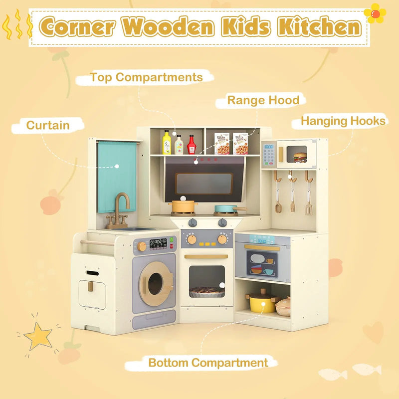 Corner Kitchen Toys with Lights and Sounds with Pull-out Trash Can and Stoves by DirectDeals
