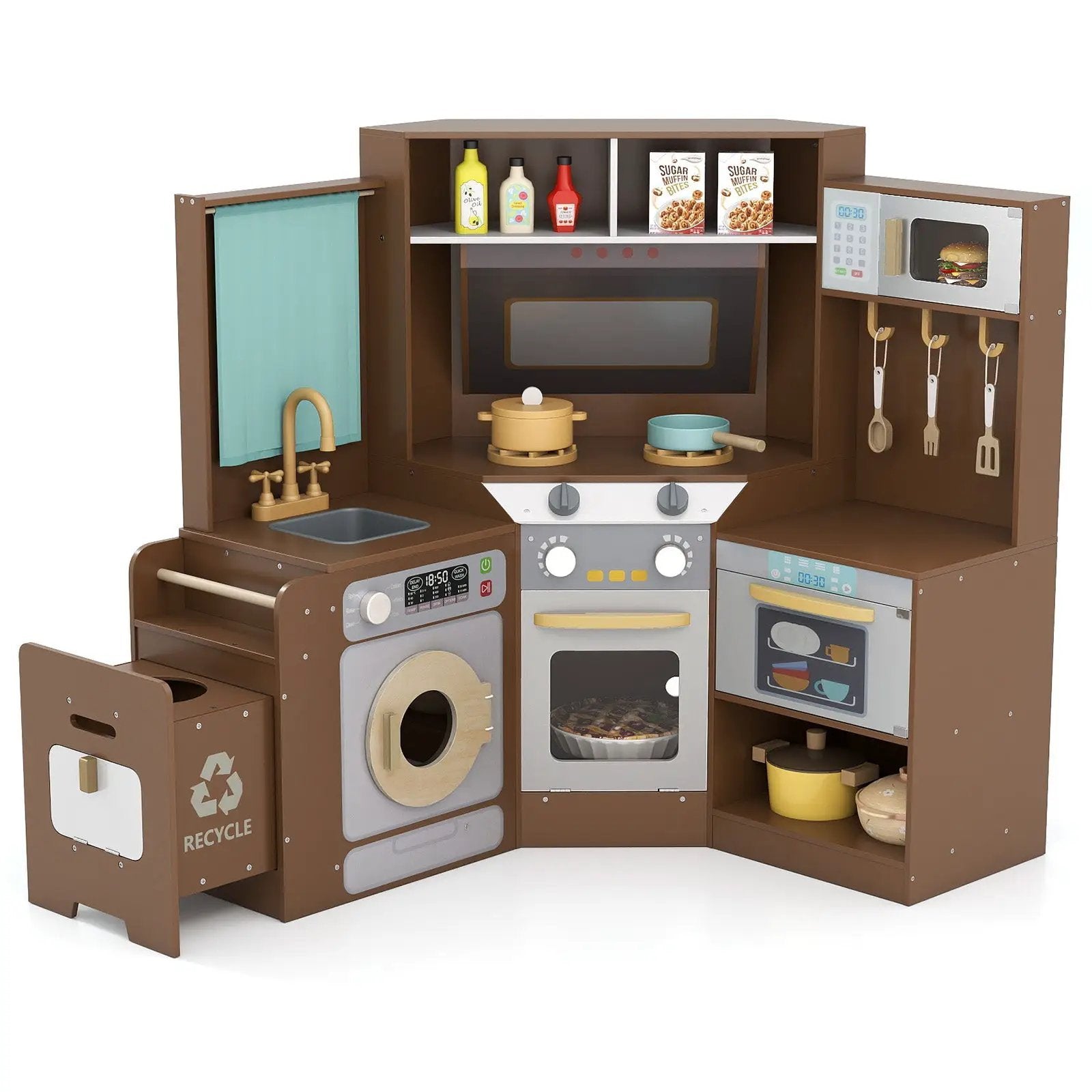 Corner Kitchen Toys with Lights and Sounds with Pull-out Trash Can and Stoves by DirectDeals