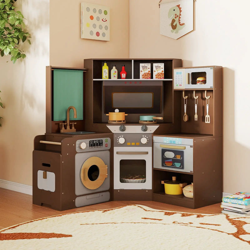 Corner Kitchen Toys with Lights and Sounds with Pull-out Trash Can and Stoves by DirectDeals