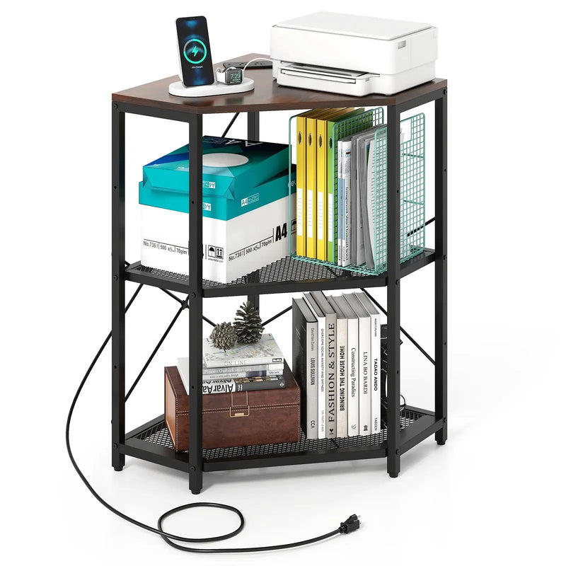 Corner Printer Stand with Power Outlet 3-Tier Storage Rack with Adjustable Shelf by DirectDeals