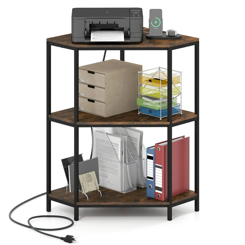 Corner Printer Stand 3-Tier Corner Shelf with Charging Station and Metal Frame-Rustic Brown by DirectDeals