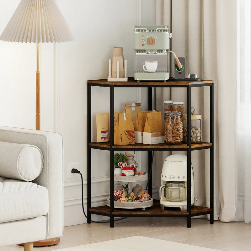 Corner Printer Stand 3-Tier Corner Shelf with Charging Station and Metal Frame-Rustic Brown by DirectDeals