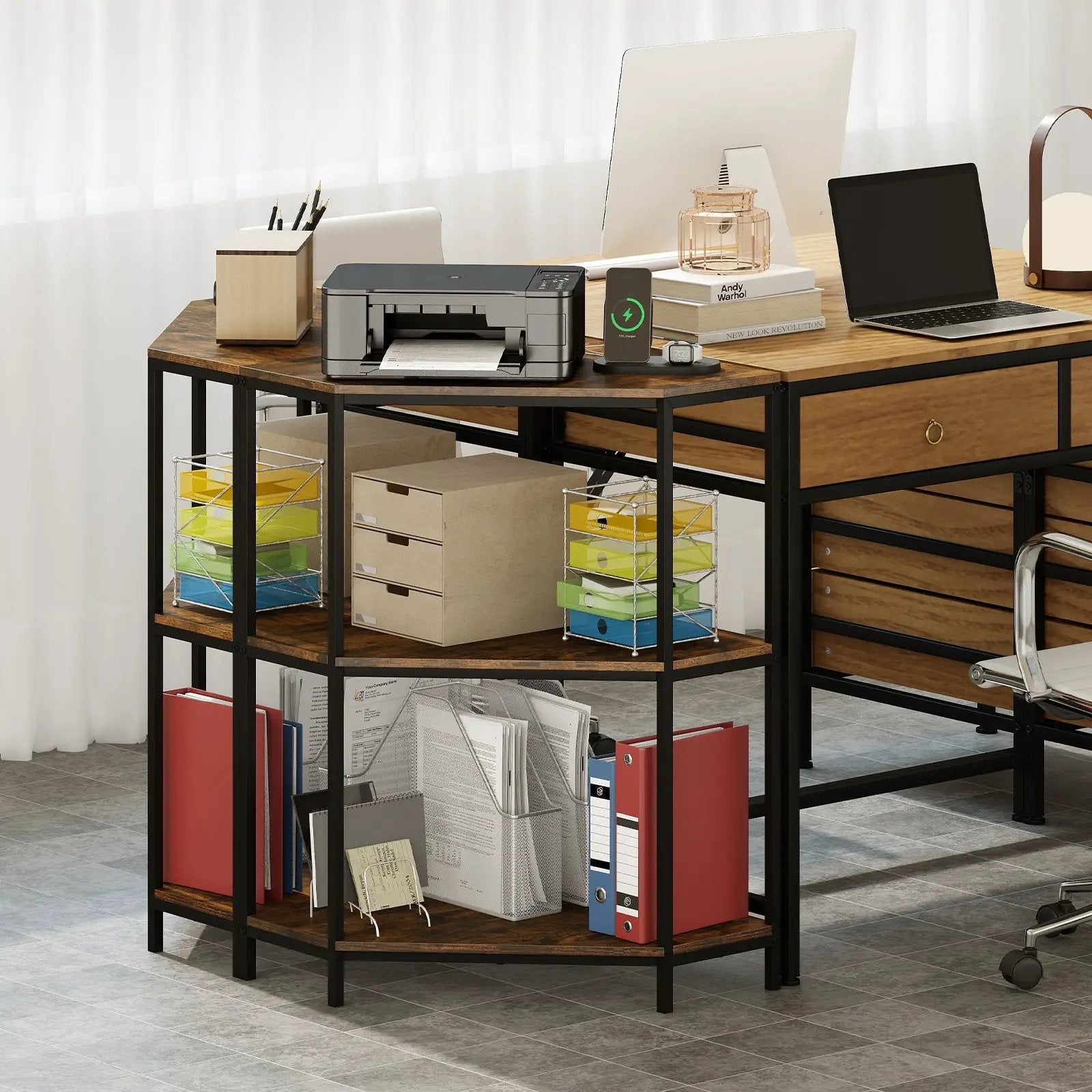 Corner Printer Stand 3-Tier Corner Shelf with Charging Station and Metal Frame-Rustic Brown by DirectDeals