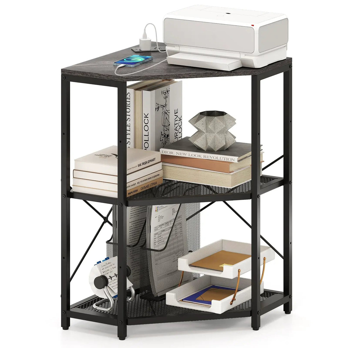 Corner Printer Stand with Power Outlet 3-Tier Storage Rack with Adjustable Shelf by DirectDeals