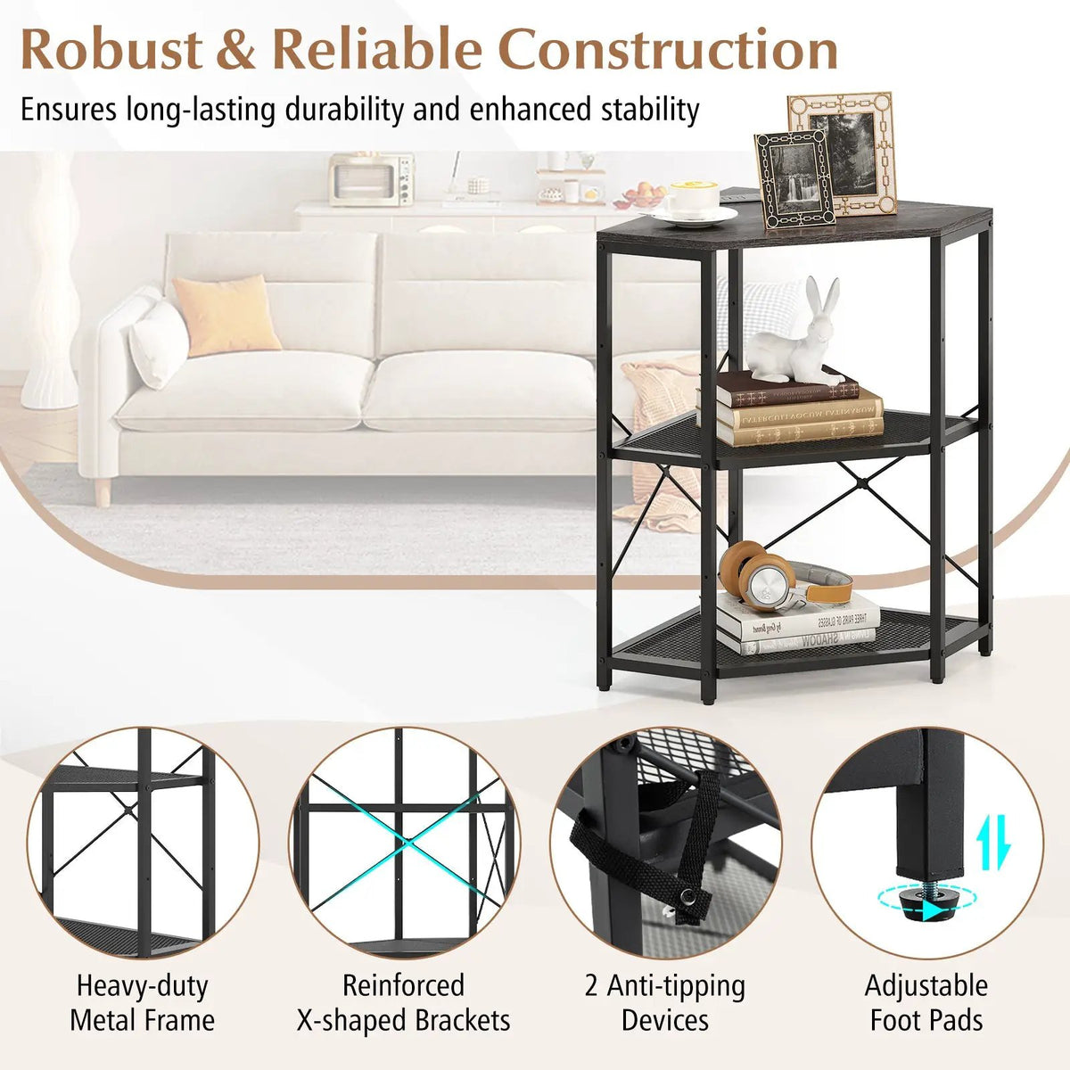 Corner Printer Stand with Power Outlet 3-Tier Storage Rack with Adjustable Shelf by DirectDeals