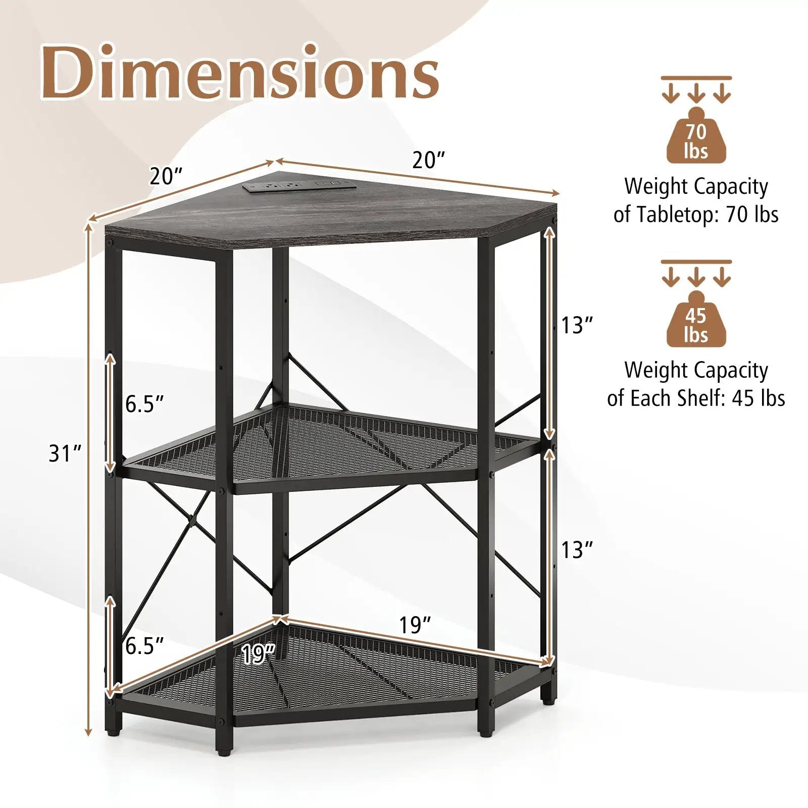 Corner Printer Stand with Power Outlet 3-Tier Storage Rack with Adjustable Shelf by DirectDeals