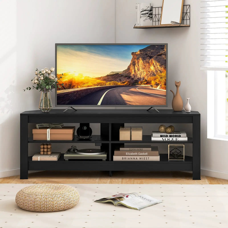 Corner TV Stand with Power Outlet and 4 Open Storage Shelves by DirectDeals