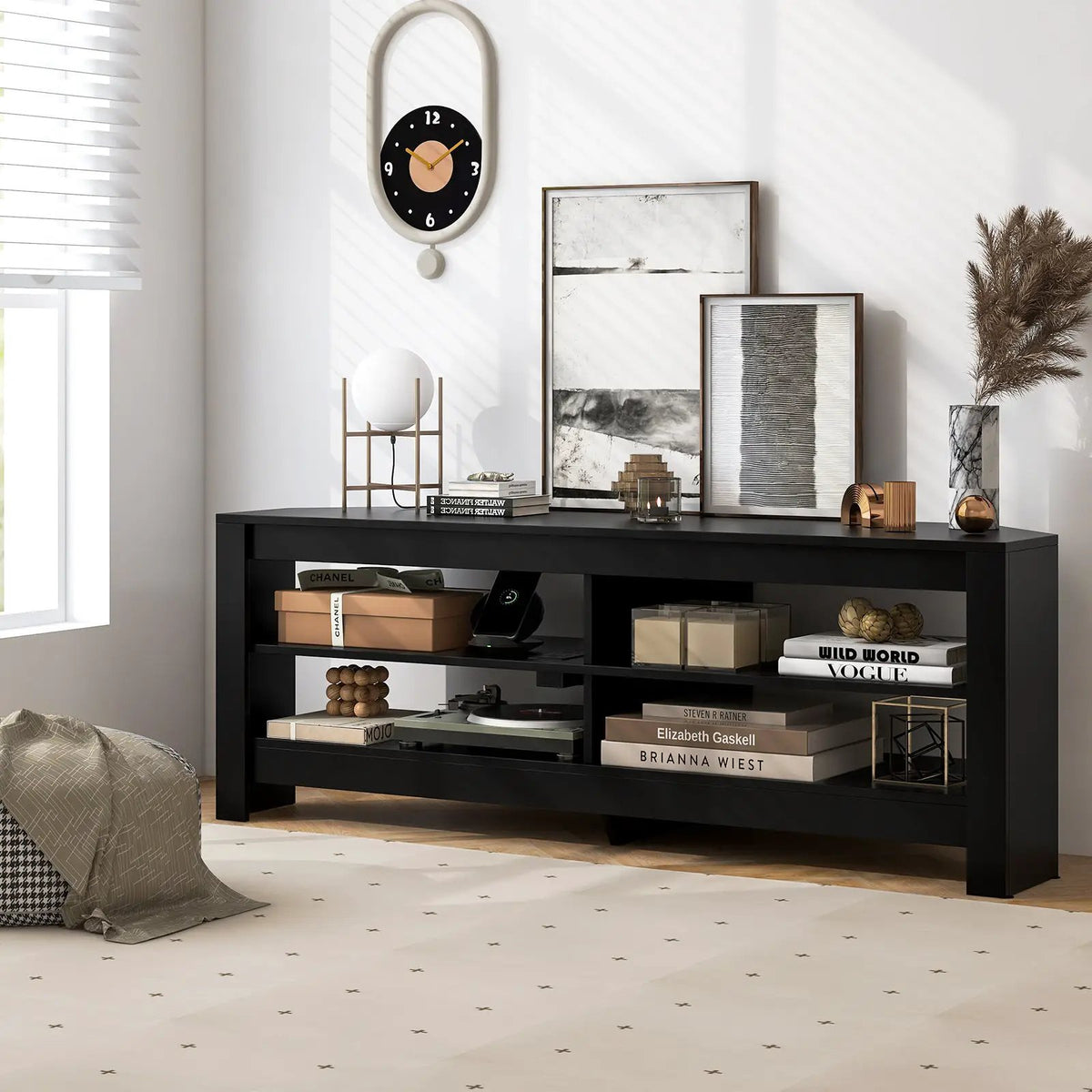 Corner TV Stand with Power Outlet and 4 Open Storage Shelves by DirectDeals