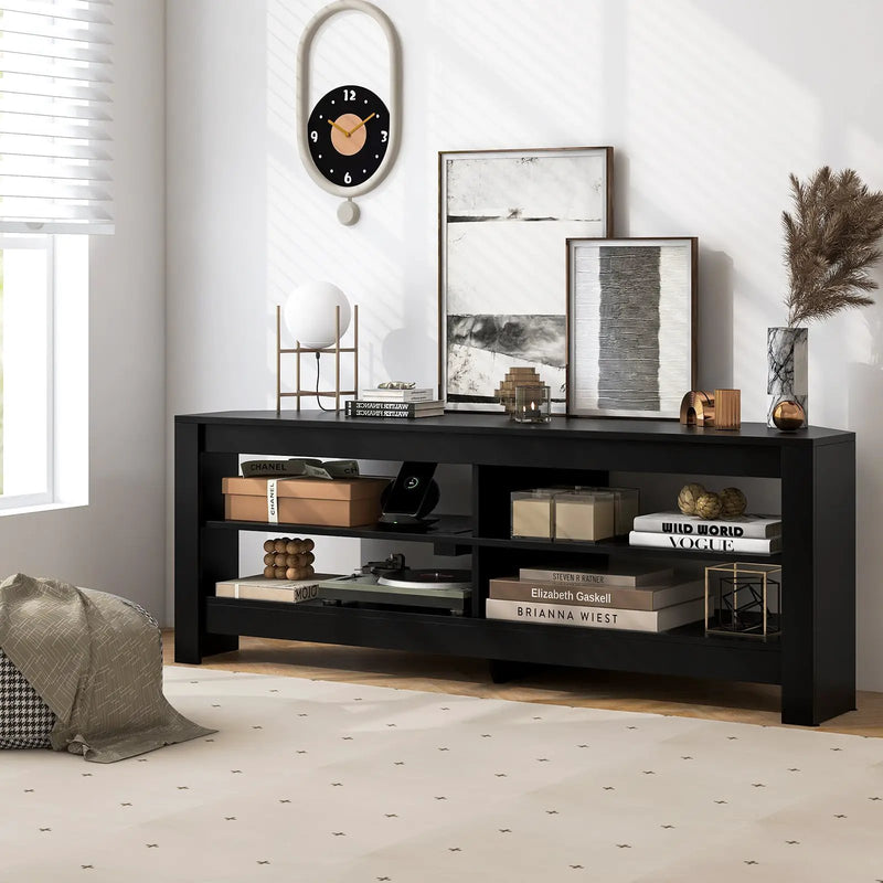 Corner TV Stand with Power Outlet and 4 Open Storage Shelves by DirectDeals