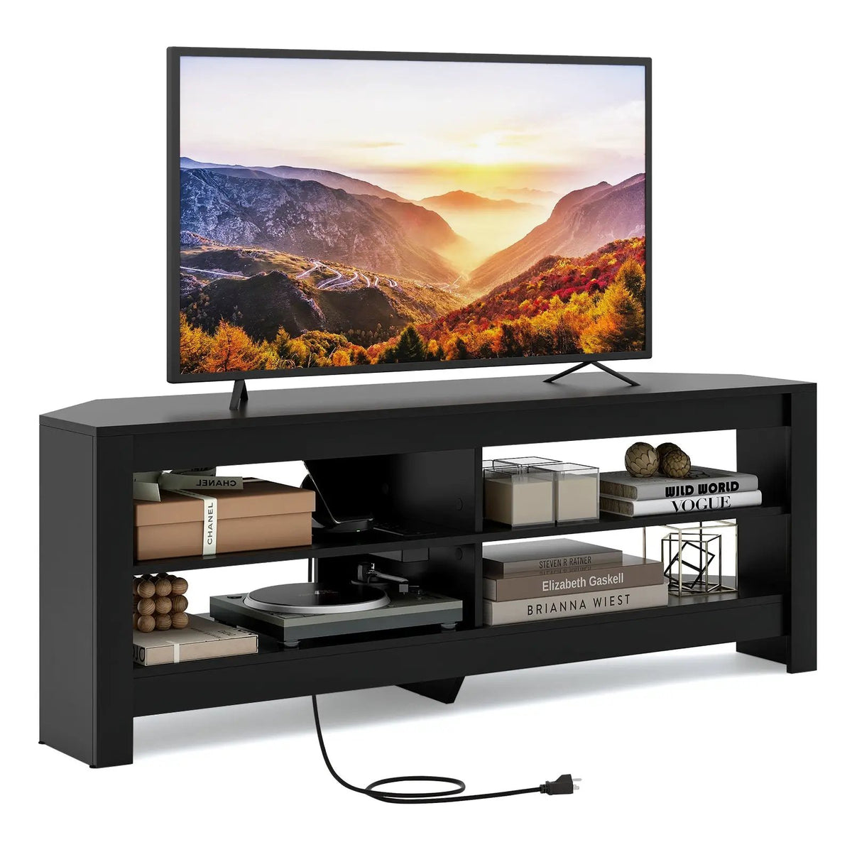 Corner TV Stand with Power Outlet and 4 Open Storage Shelves by DirectDeals