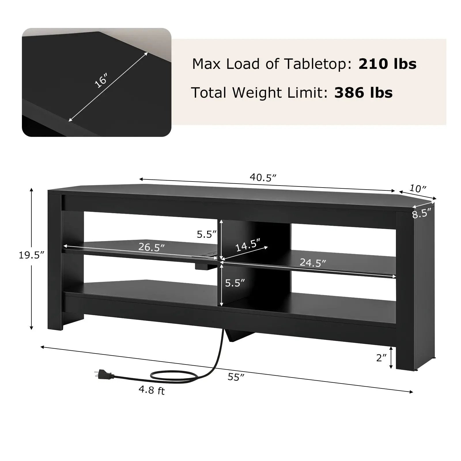 Corner TV Stand with Power Outlet and 4 Open Storage Shelves by DirectDeals