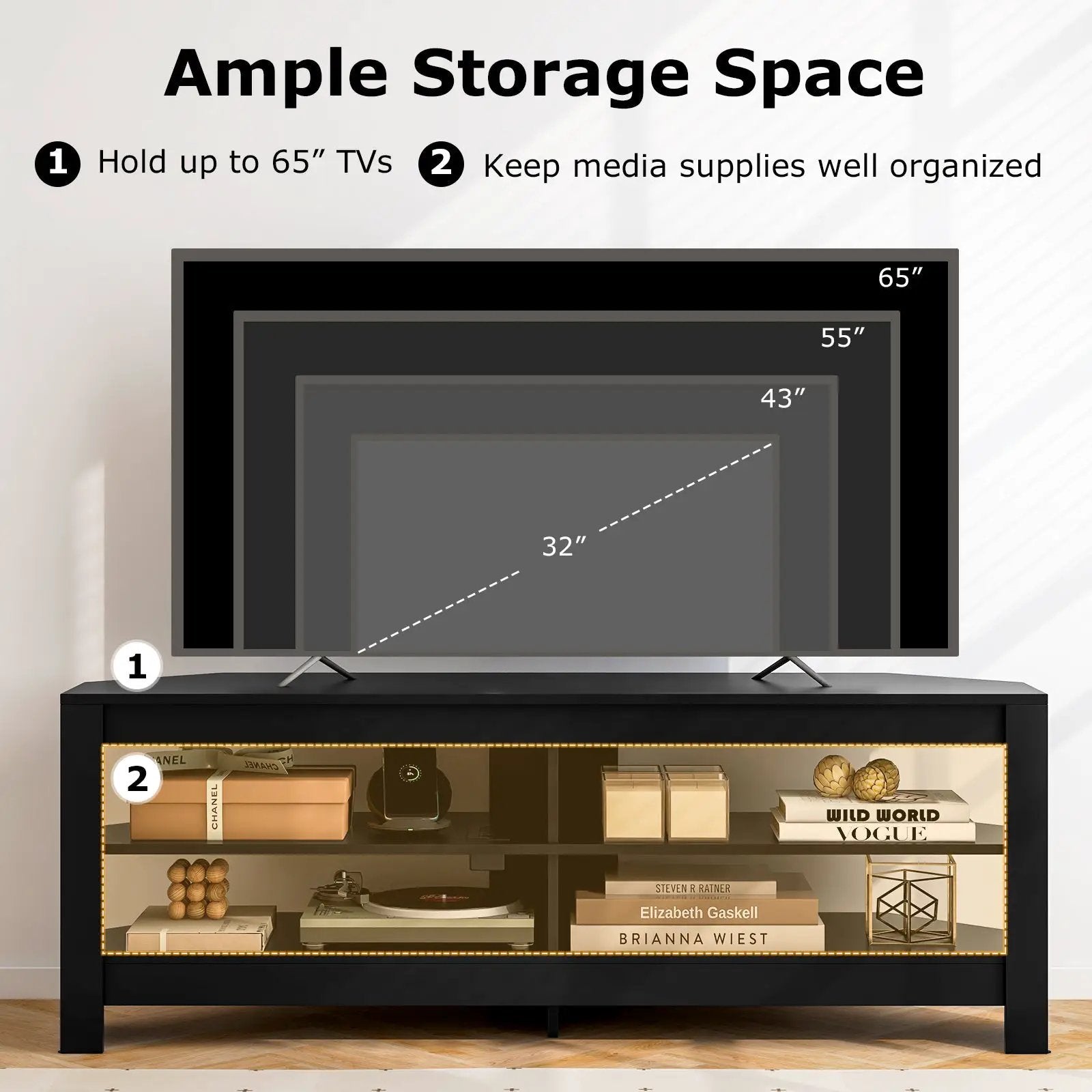 Corner TV Stand with Power Outlet and 4 Open Storage Shelves by DirectDeals