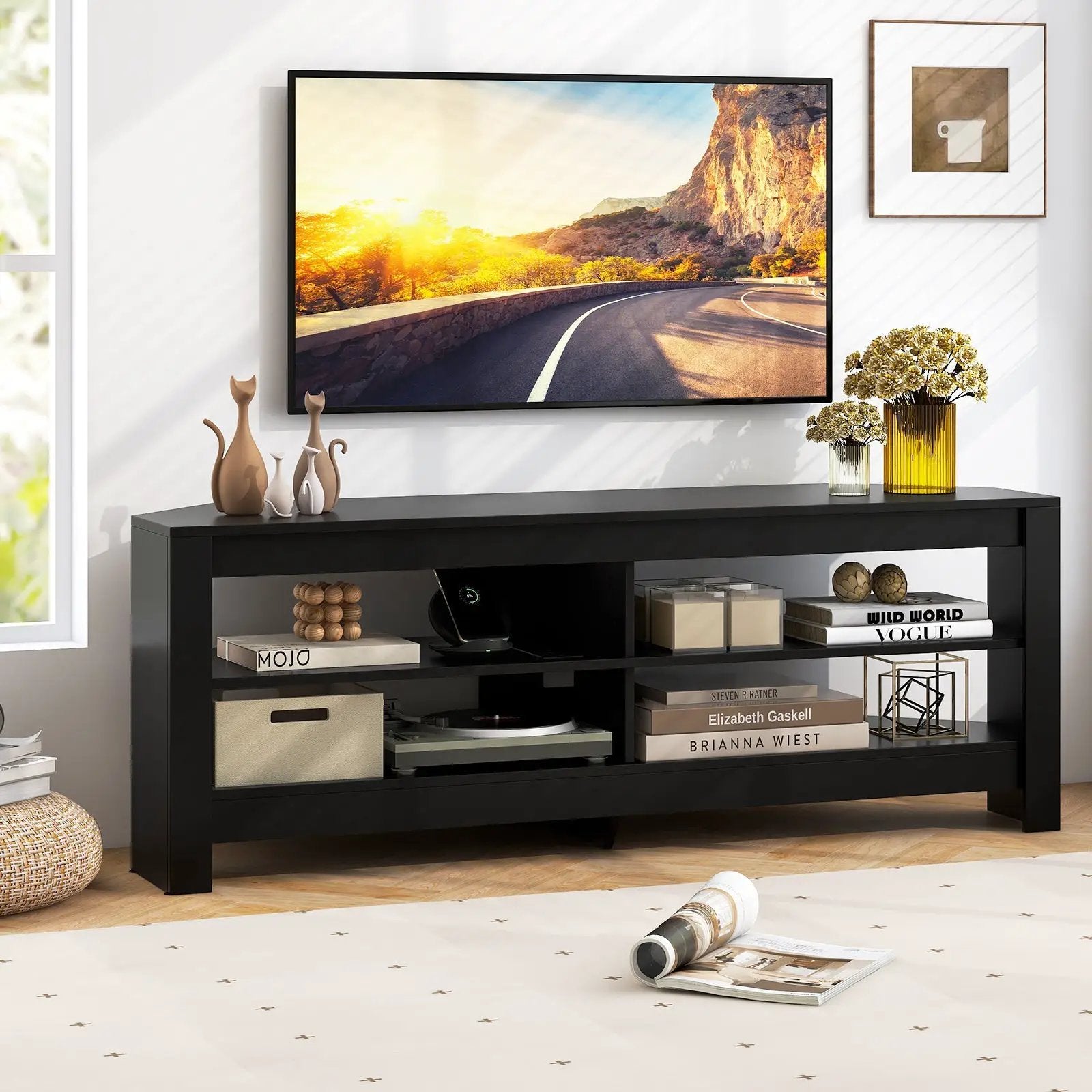 Corner TV Stand with Power Outlet and 4 Open Storage Shelves by DirectDeals