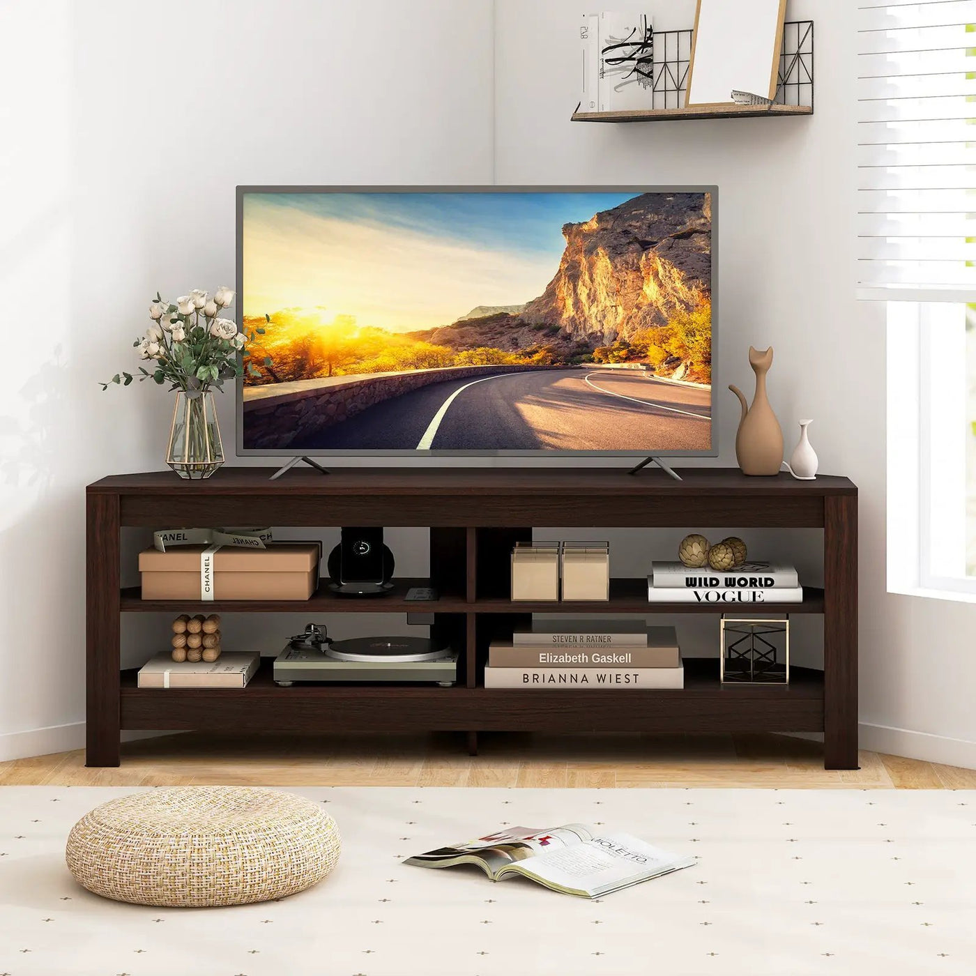 Corner TV Stand with Power Outlet and 4 Open Storage Shelves by DirectDeals