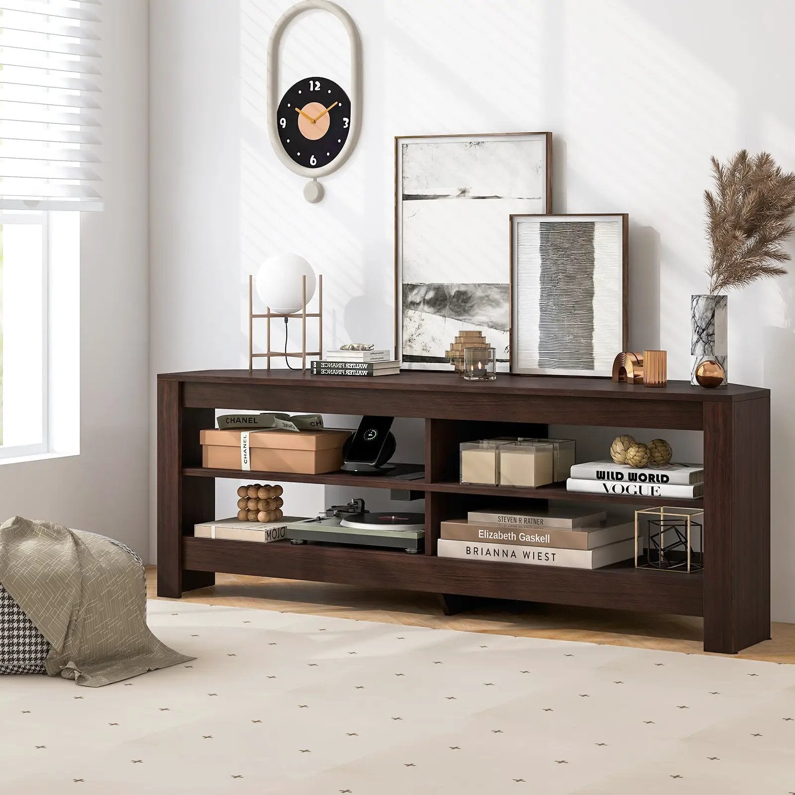 Corner TV Stand with Power Outlet and 4 Open Storage Shelves by DirectDeals