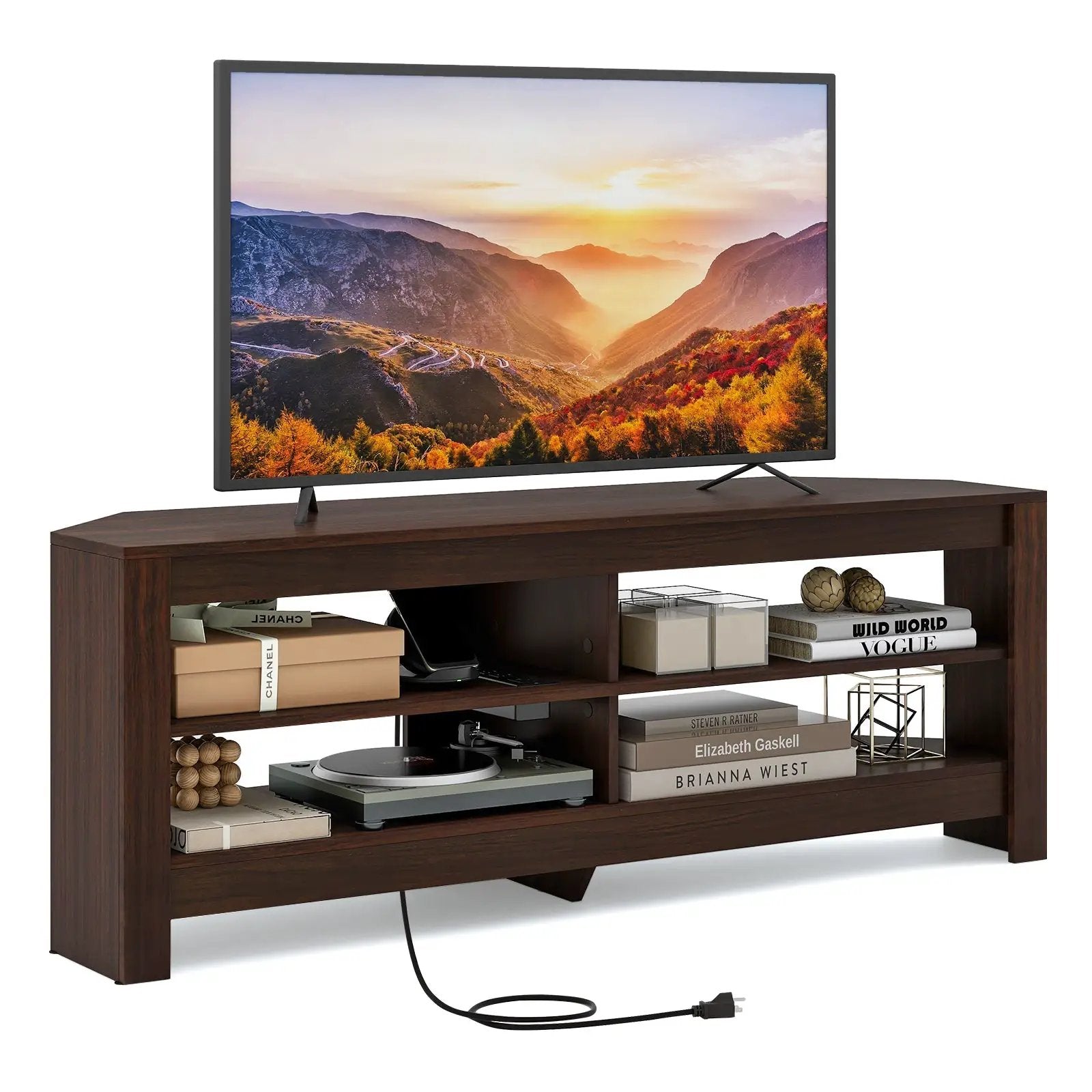 Corner TV Stand with Power Outlet and 4 Open Storage Shelves by DirectDeals