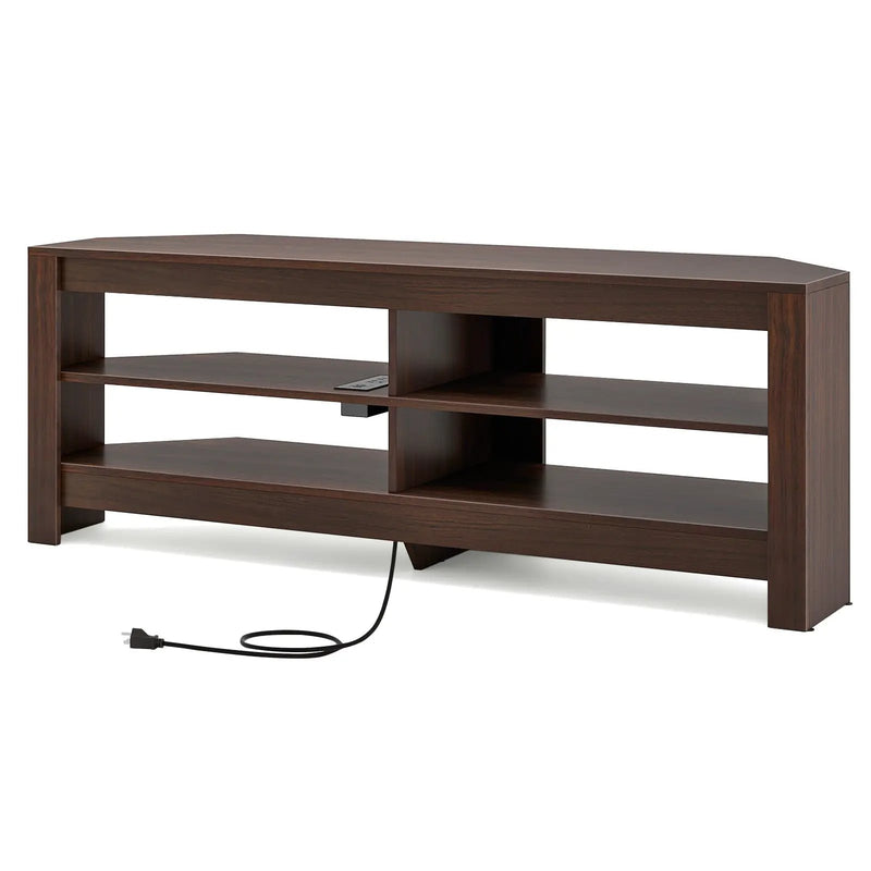 Corner TV Stand with Power Outlet and 4 Open Storage Shelves by DirectDeals