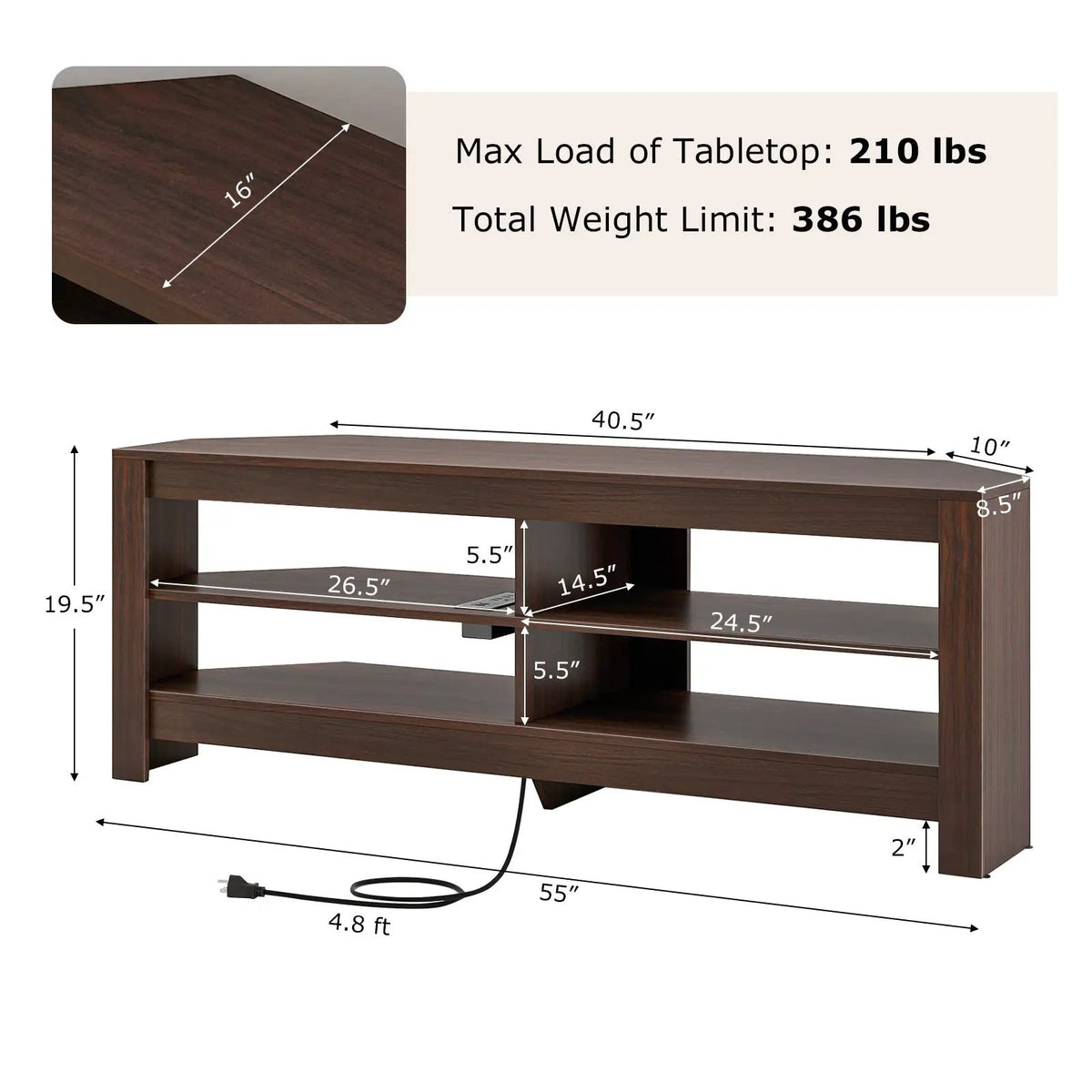 Corner TV Stand with Power Outlet and 4 Open Storage Shelves by DirectDeals