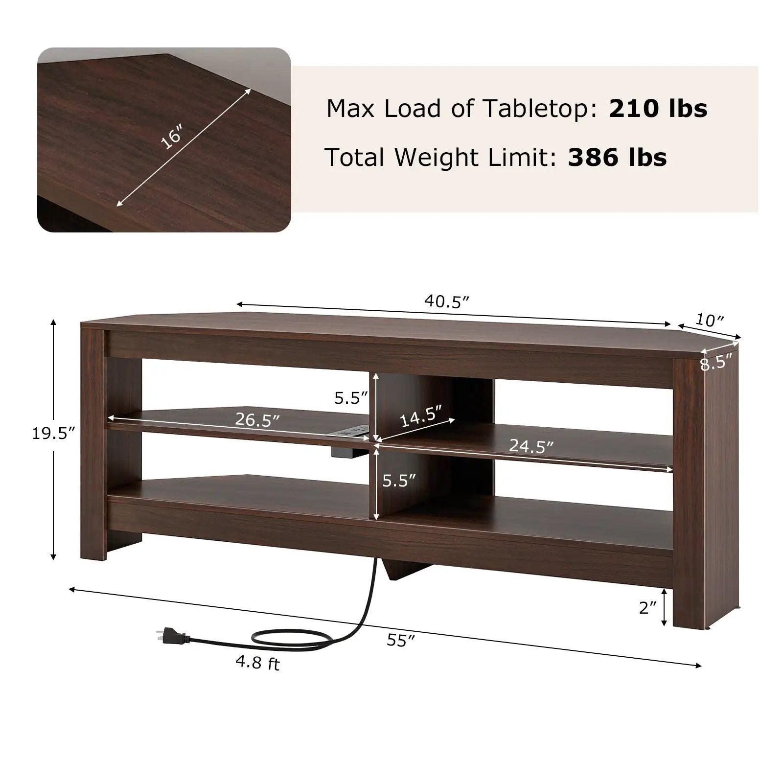 Corner TV Stand with Power Outlet and 4 Open Storage Shelves by DirectDeals