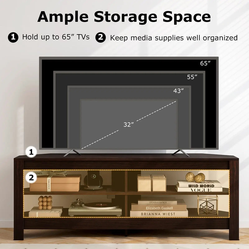 Corner TV Stand with Power Outlet and 4 Open Storage Shelves by DirectDeals