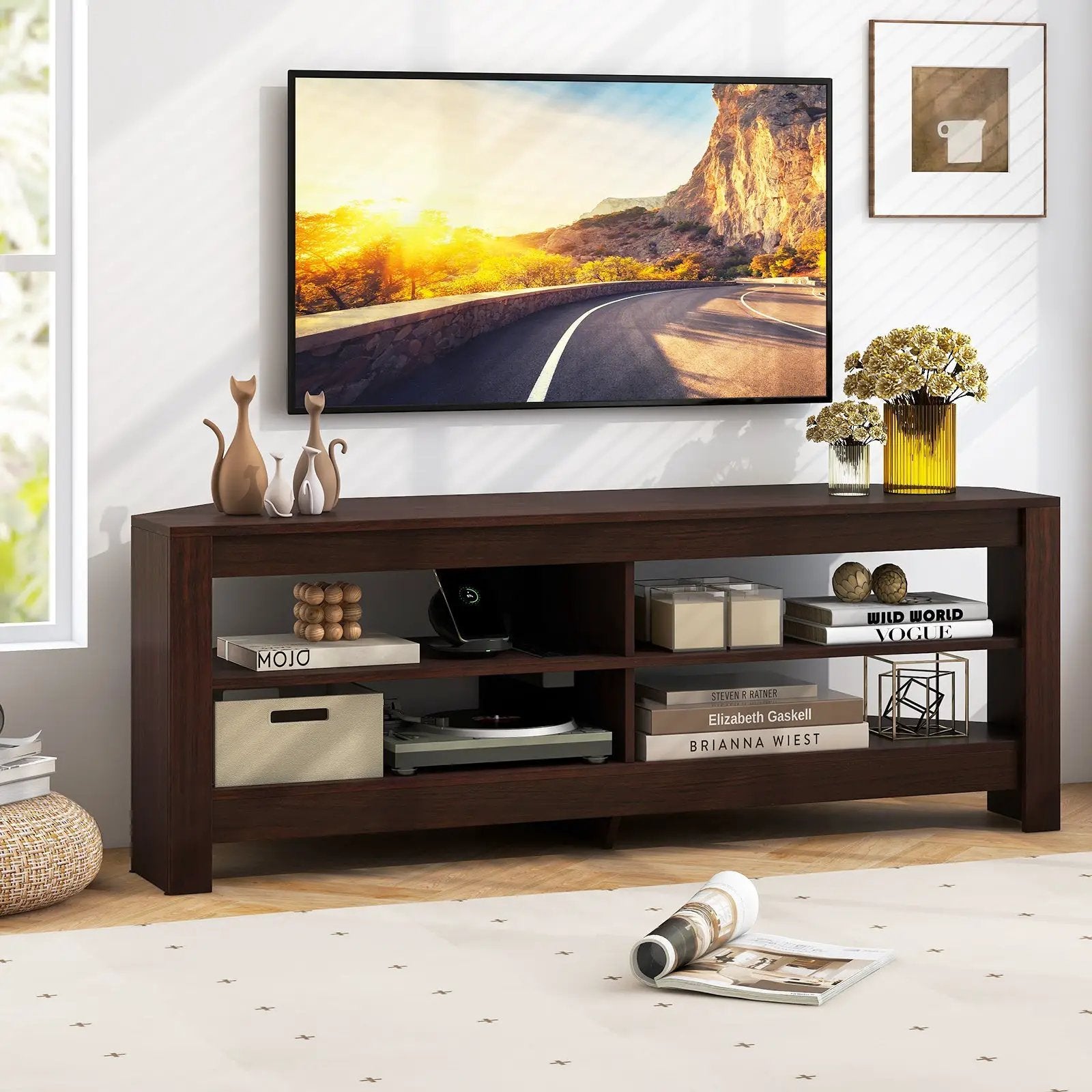 Corner TV Stand with Power Outlet and 4 Open Storage Shelves by DirectDeals